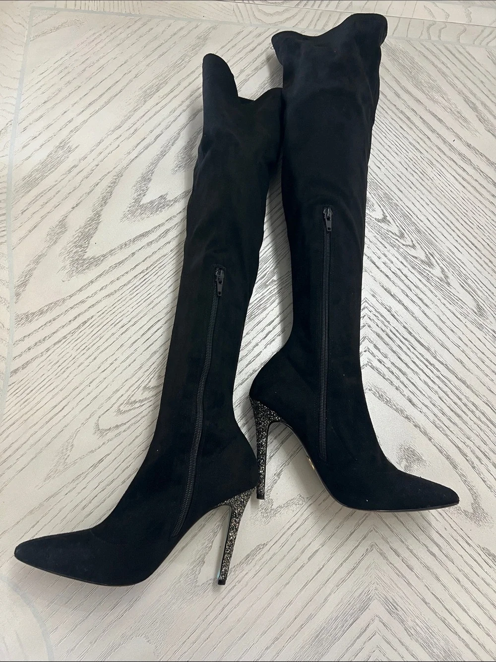 Betsey Johnson Black Over-the-Knee Stiletto Boots with Embellished Heel